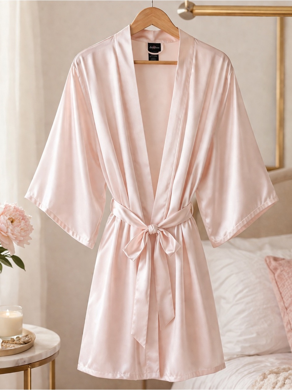 Feminine Blush Robe XXL Kimono Tie Waist Flowy Sheer Sleeve Satin Bridal Boudoir